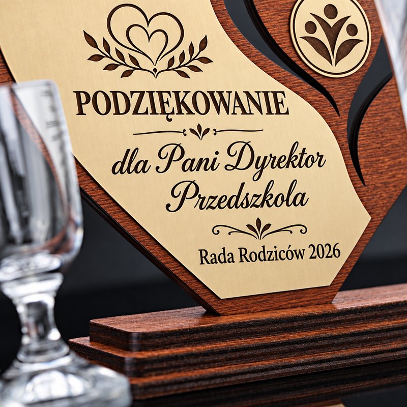 Drewniana statuetka z logo — drugie ujęcie