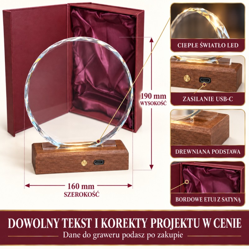 Okrągła statuetka LED z grawerem — drugie ujęcie