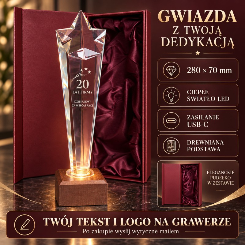 Statuetka z gwiazdą LED i grawerem — drugie ujęcie